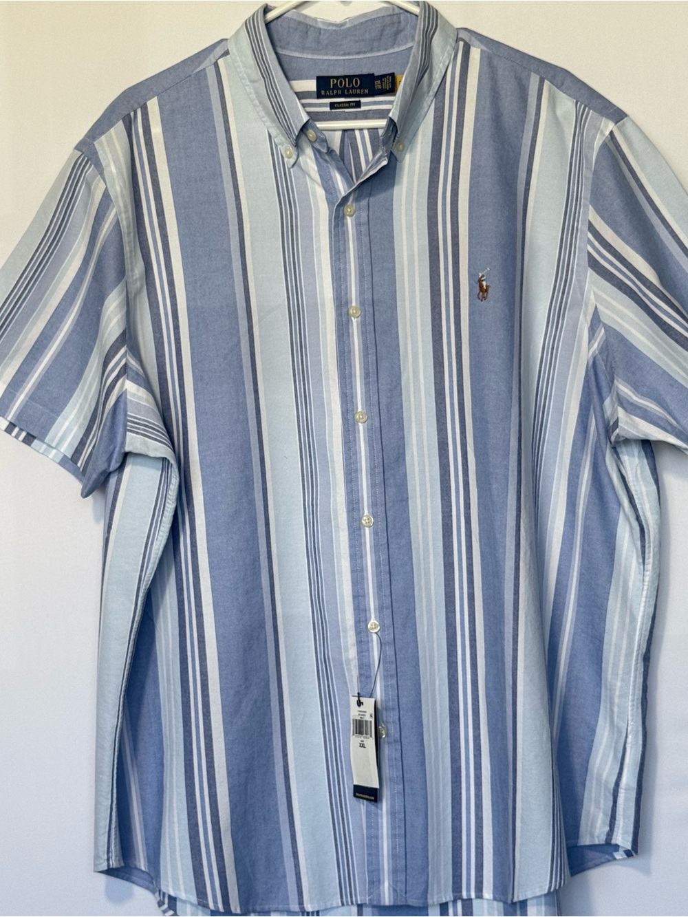 Ralph Lauren Blue & White Striped Short-Sleeve Button Cotton Shirt Flesh Pony
